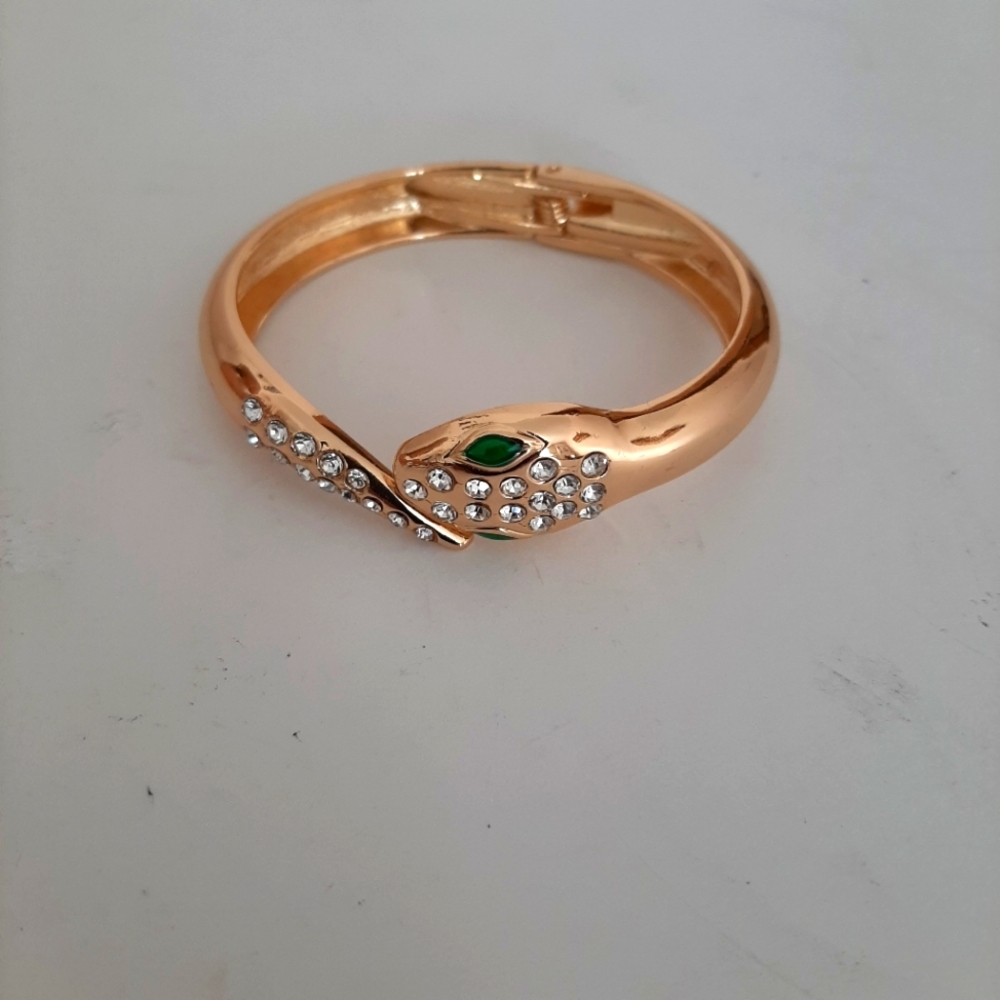 Chic Gold Serpent Bangle Bracelet with Green Eye and Sparkly Crystal Accents
